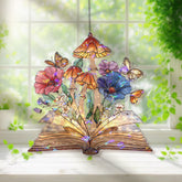 Book Acrylic Suncatcher with Mushrooms and Butterflies, Stained Glass Style Floral Fantasy Window Hanging